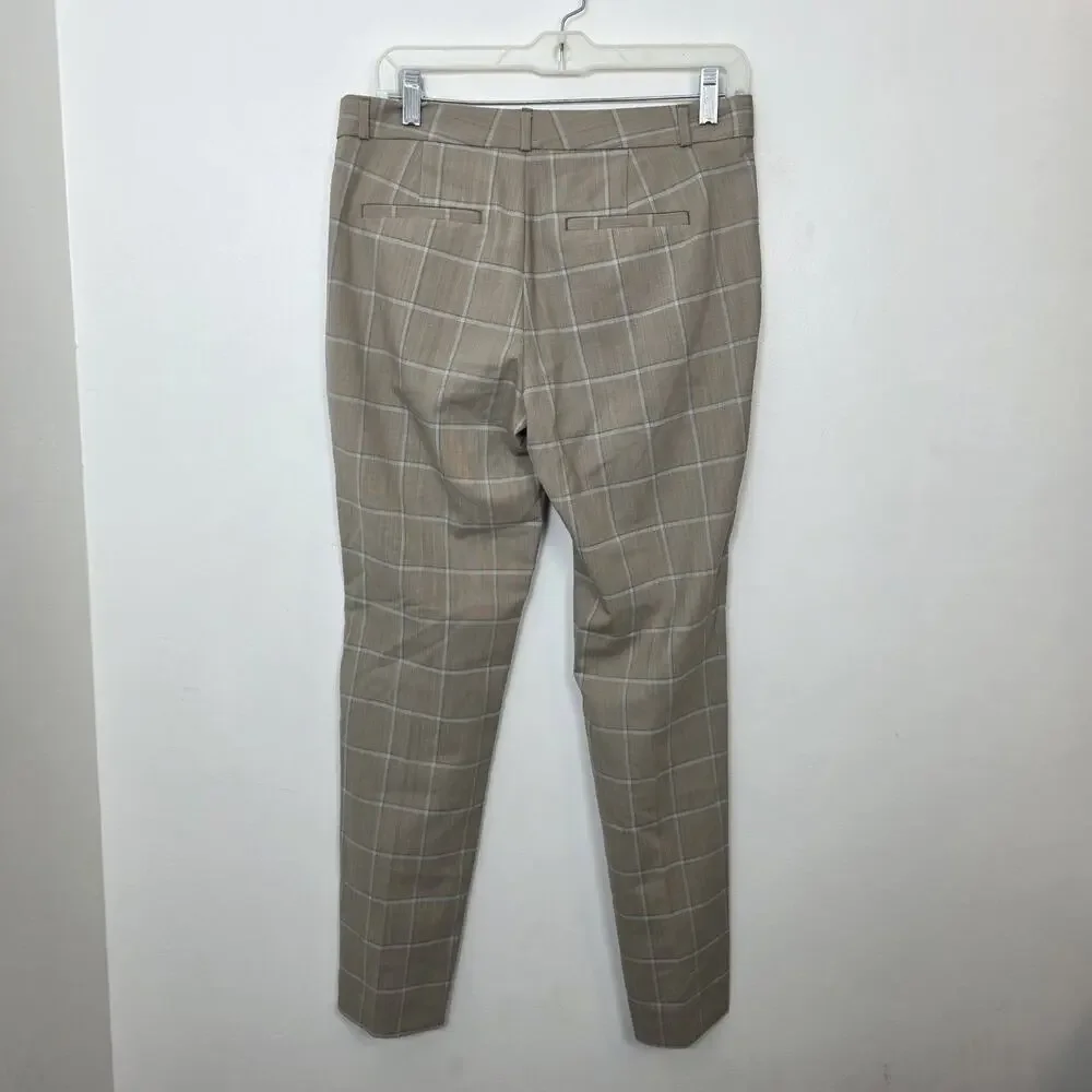 Banana Republic Tan White Windowpane Wool Pleated Ryan Straight Dress Pants Sz 4